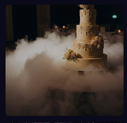 Hochzeitstorte umhüllt von dichtem Bodennebel